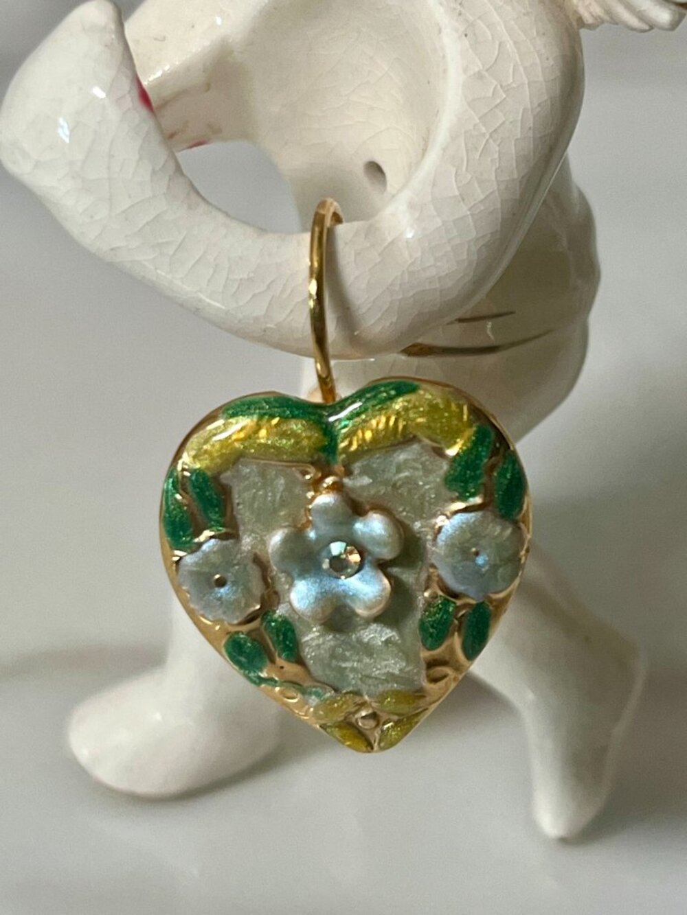 Jewelcraft Coro Vintage Heart Floral Enamel Rhinestone Earrings - Picture 3 of 7